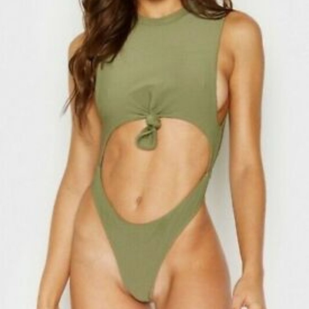 Frankies Bikinis Women's Blake Ribbed One Piece in Olive NEW